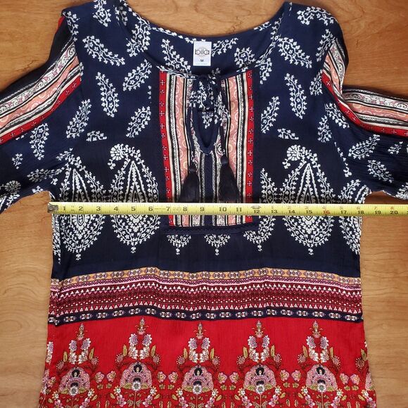 BILA Tunic Top Womens M Blue Red Floral Boho Peasant 3/4 Sleeve Tassel Paisley - Picture 11 of 14